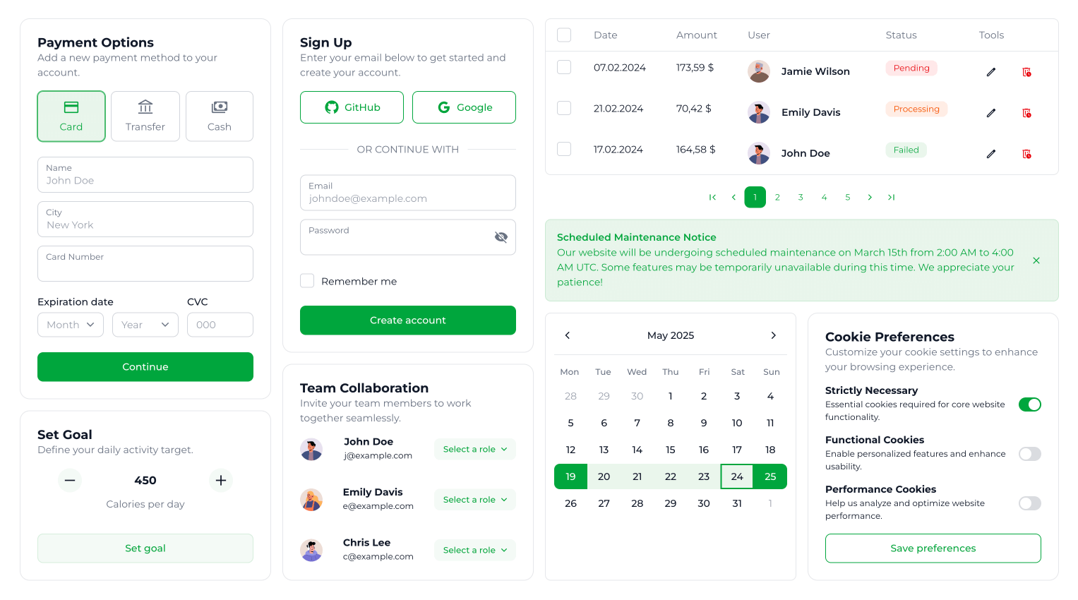 Screenshots showing various Vueless UI components including forms, tables, cards, and calendars