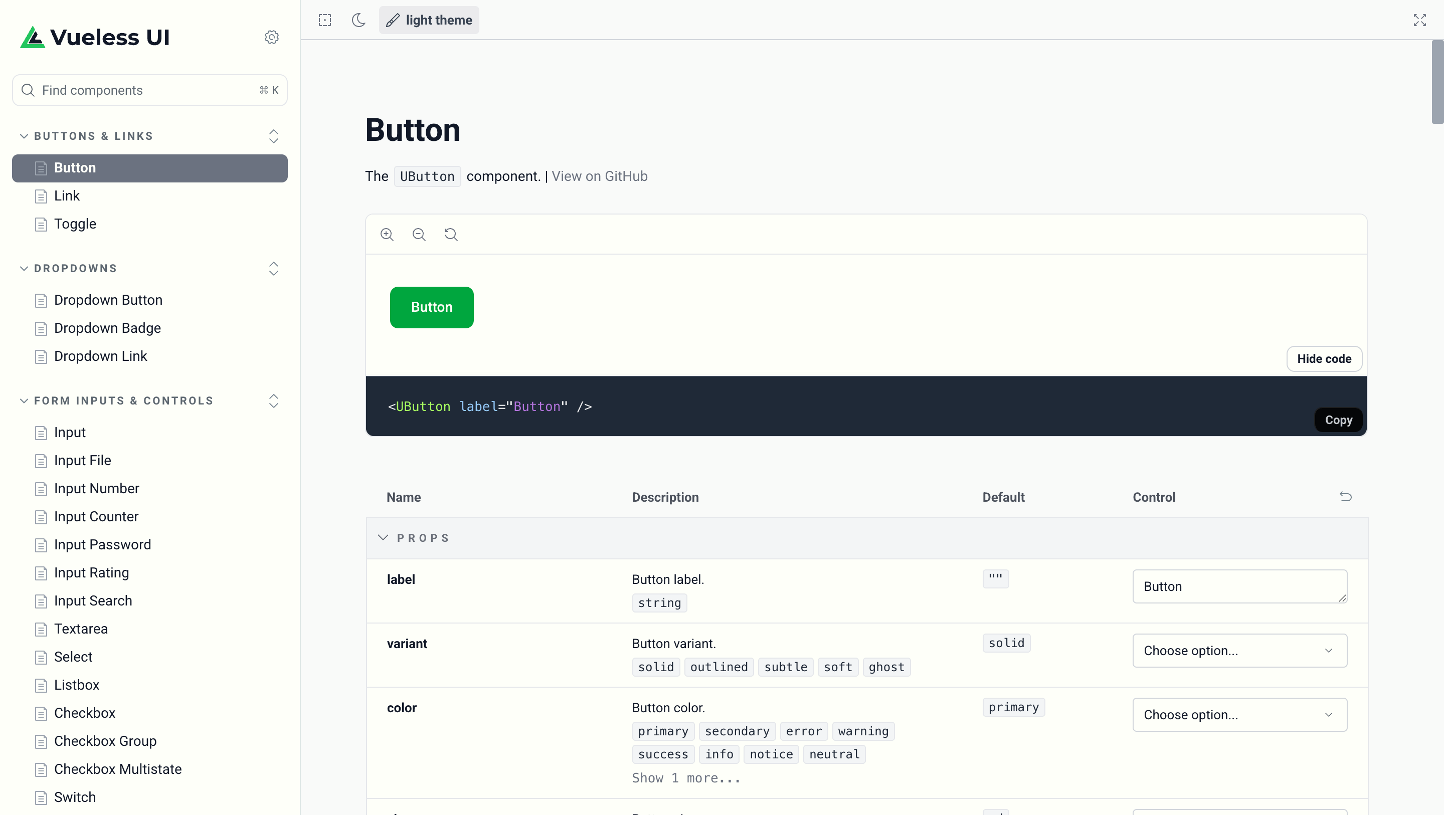 Screenshot of Storybook interface showing Vueless UI components with interactive controls and documentation